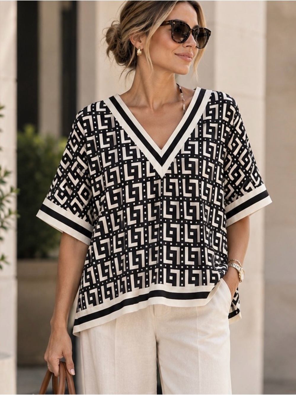 Chicme Black & Cream Geometric V-Neck Sweater
